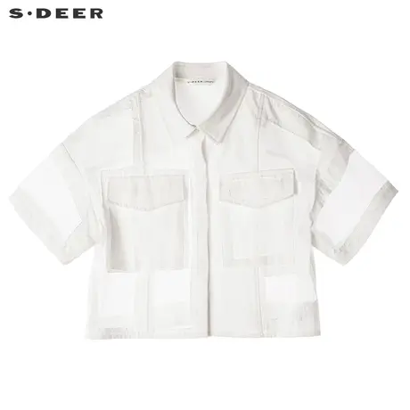 sdeer ♎圣迪奥 ♏女装欧根纱拼接中性酷感短款衬衫S17280475商品大图