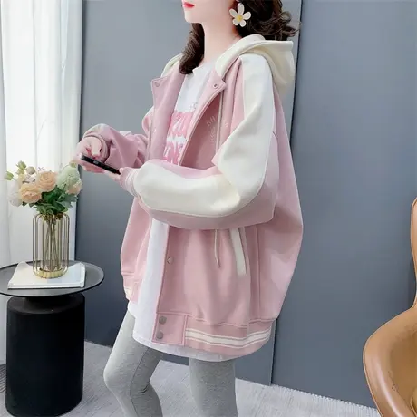 设计感拼色连帽棒球服卫衣开衫女春季2024年新款宽松休闲外套上衣商品大图