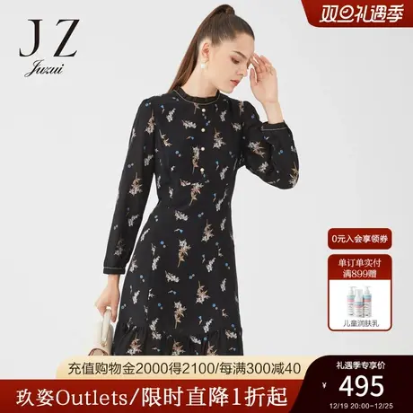 JUZUI/玖姿奥莱官方春季新款黑色气质立领碎花收腰女连衣裙图片