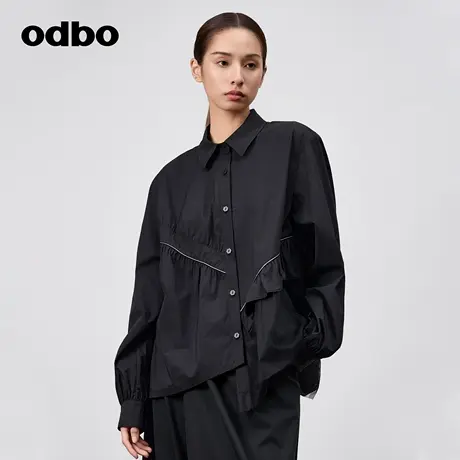 odbo/欧迪比欧时尚设计感荷叶边压褶长袖衬衫女春季新款黑色上衣图片
