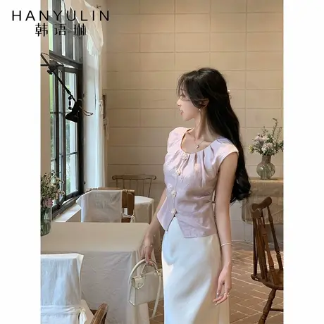 韩语琳 新品9折/浅粉短袖衬衫女夏季2025法式小众设计感小众上衣商品大图