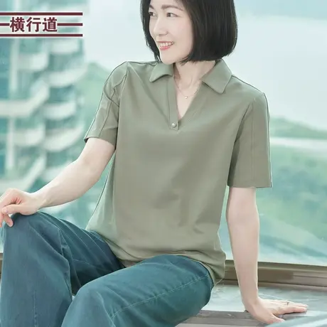 韩版休闲大码女装体恤纯色翻领宽松短袖T恤打底衫黑色夏装上衣服图片