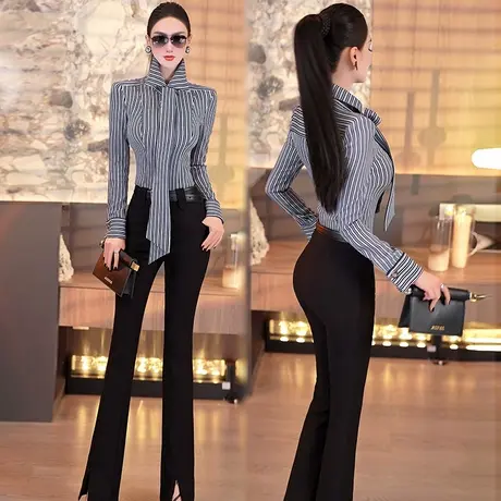 VJE春季商务OL风飘带条纹印花上衣衬衫2025新款气质干练职业衬衣商品大图