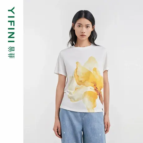 [专柜同款]Yifini/易菲现代印花宽松百搭休闲T恤女时尚通勤上衣商品大图