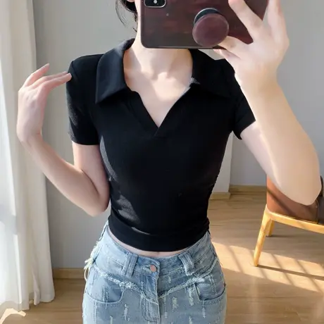 白色POLO领短袖T恤女夏季2025新款设计感小众休闲百搭短款上衣女图片