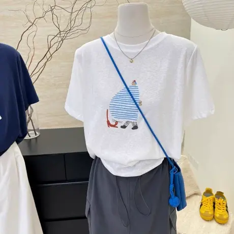 白色卡通印花正肩短袖女夏季薄款宽松显瘦凉感雪花棉t恤圆领上衣商品大图