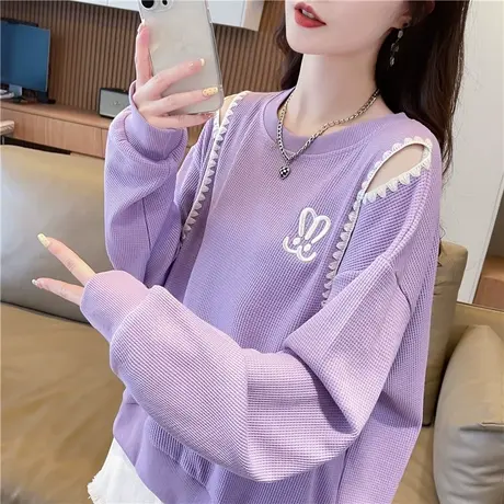 早秋露肩华夫格卫衣女春秋季韩版宽松大码薄款小个子撞色上衣外套商品大图