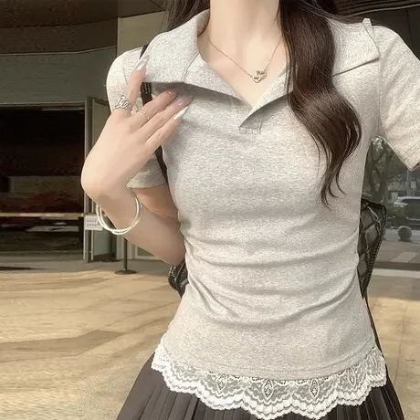 Polo领短袖T恤女夏季修身韩版内搭打底衫蕾丝拼接下摆半袖上衣潮图片