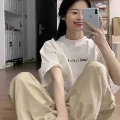 oversize纯棉宽松正肩T恤女小众ins夏季白色短袖简约chic半袖上衣商品大图