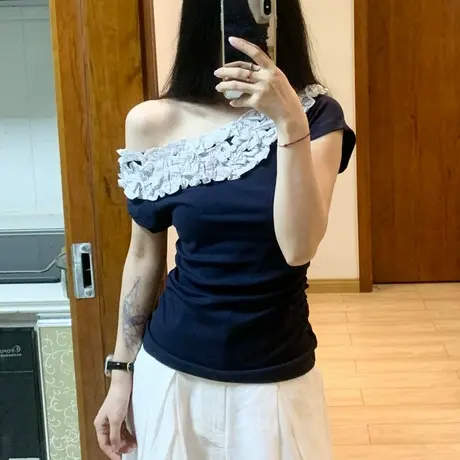 一字斜肩花边设计感短袖T恤女夏季修身韩版chic甜辣露肩半袖上衣商品大图