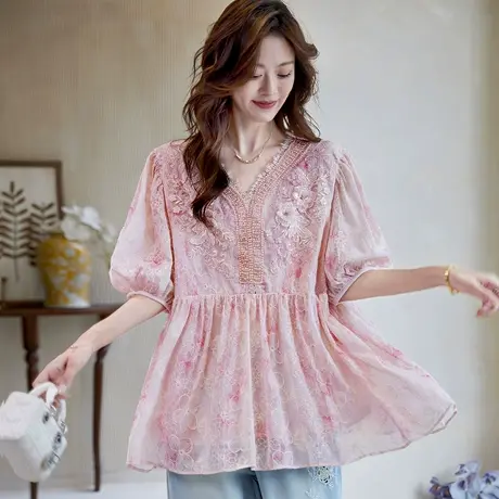 宝诗黎【新品价228元】V领重工钉珠印花上衣APC1034商品大图