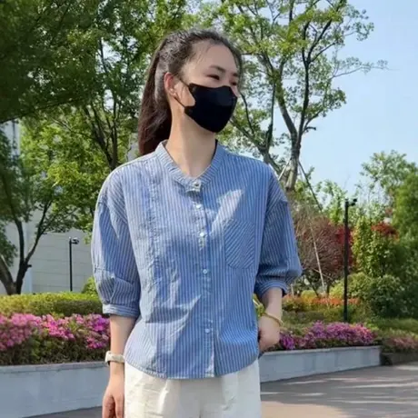 爆款设计感轻薄条纹中袖衬衫女装2025夏季新款宽松洋气衬衣防晒衣商品大图