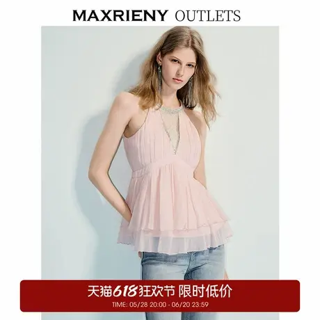 【奥莱】MAXRIENY感蕾丝拼接无袖挂脖上衣收腰女装商品大图