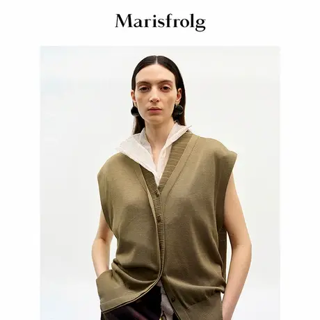 Marisfrolg玛丝菲尔2025秋新款棕色假两件式真丝V领无袖针织开衫图片