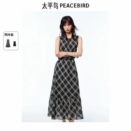 【商场同款】太平鸟黑白格纹连衣裙2025夏新款无袖长裙A3FAF2148商品大图