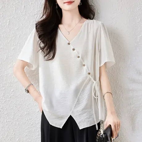衬衫女短袖夏季新款加肥加大码女装宽松气质百搭休闲V领套头衬衣商品大图