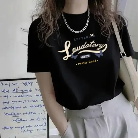 2025新款夏季半高领短袖t恤女别致独特字母印花宽松正肩上衣潮ins商品大图