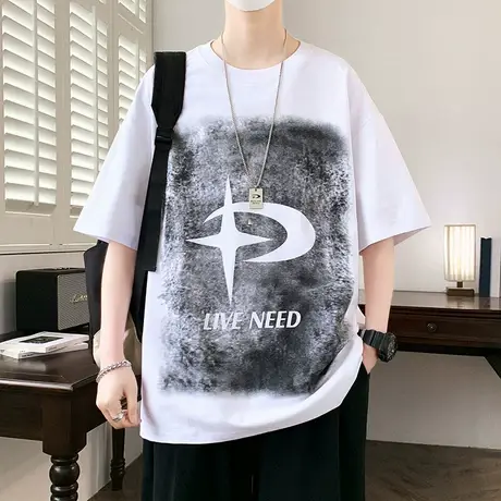 美式短袖男夏季新款设计感印花半袖t恤男青少年休闲宽松复古体恤商品大图