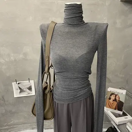 薄款微透～基础款堆堆领打底衫女高领长袖T恤纯色紧身内搭上衣秋图片