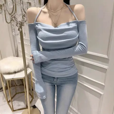 现货 韩国东大门春夏新款一字肩挂脖系带长袖上衣t恤032104图片