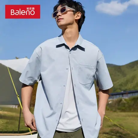 班尼路衬衫男高级感痞帅短袖夏季凉感潮流百搭青少年蓝色衬衣外套图片