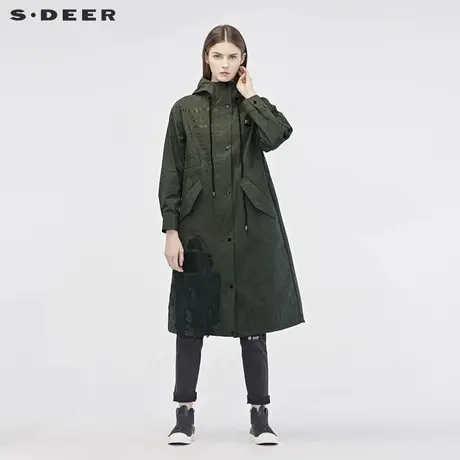 sdeer圣迪奥女2019秋撞色字母涂鸦色块抽绳收口连帽风衣S19161802图片