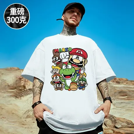 300g重磅2025新款短袖t恤日系卡通大码圆领纯棉潮牌白色情侣半袖商品大图