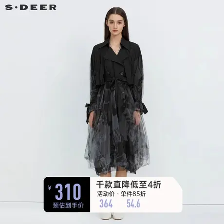 sdeer圣迪奥女装翻领收腰晕染网纱长款风衣S223Z1825图片