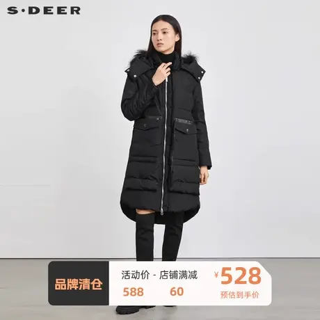 sdeer圣迪奥女装毛领连帽不规则黑色长款羽绒服S214Z2467图片