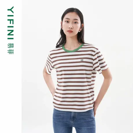 [专柜同款]Yifini/易菲圆领撞色条纹印花时尚百搭T恤衫短袖上衣图片