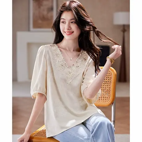 宝诗黎V领钉钻提花宽松T恤女2025夏季气质慵懒百搭休闲简约上衣图片