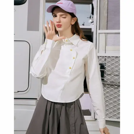 a02【100%棉】个性斜门襟设计开叉女式衬衫春季上衣商品大图