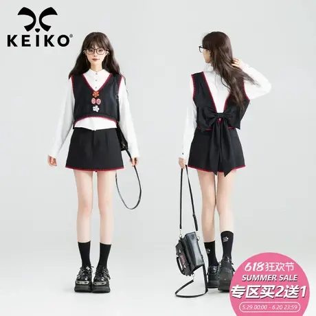 KEIKO 甜系蝴蝶结扎花假两件上衣女25春季新款设计感撞色拼接衬衫商品大图