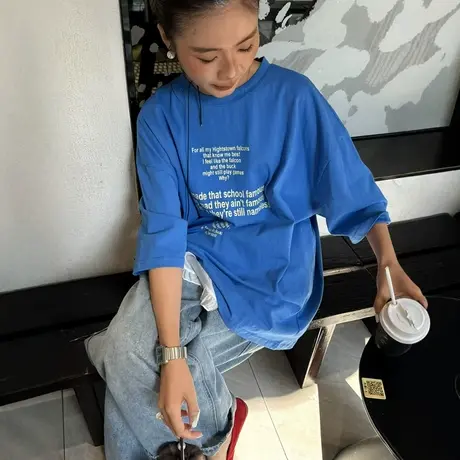韩系2025夏季新款慵懒风bf圆领字母印花大版短袖T恤学院风上衣女商品大图