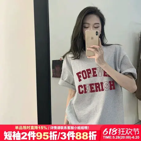 高级感美式复古设计感字母印花灰色短袖t恤女宽松休闲半袖上衣潮商品大图