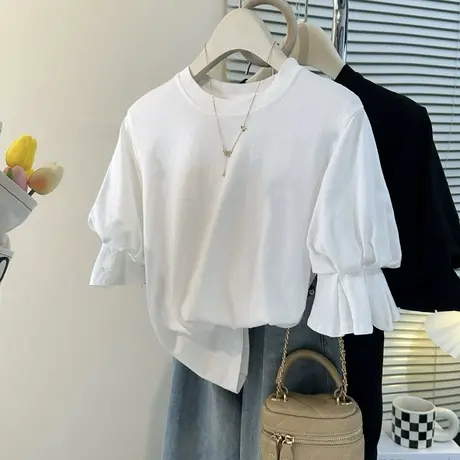 复古chic港味泡泡袖T恤女夏季宽松百搭韩版设计感小众短袖上衣潮图片