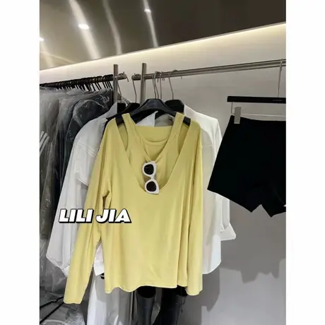 韩国东大门秋季新款时髦低领长袖T恤叠穿吊带背心上衣两件套装女商品大图