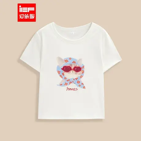 IEF/爱依服短袖上衣2025夏季新款时尚小众猫咪印花通勤百搭T恤图片