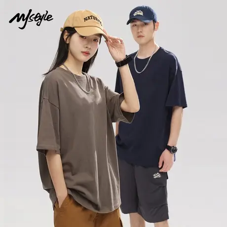 MJ STYLE220克纯棉短袖女t恤2025新款男夏正肩宽松圆领情侣装体恤商品大图