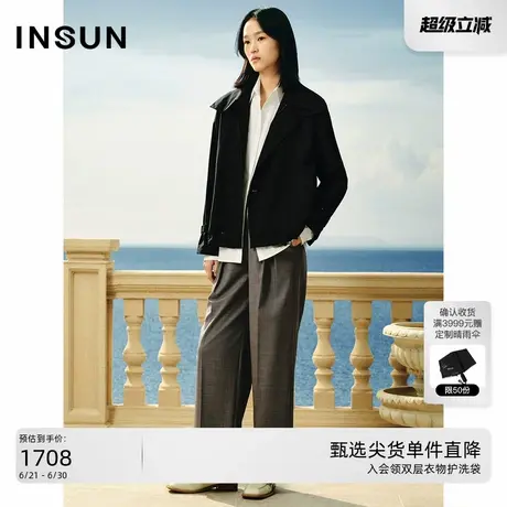 INSUN恩裳黑色短款羊毛风衣外套商品大图