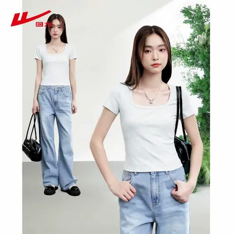 回力灰色方领短袖t恤女2025夏季新款甜辣修身正肩小个子短款上衣商品大图