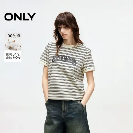 ONLY2025夏季新款舒适纯棉面料复古条纹字母印花圆领短袖T恤女商品大图