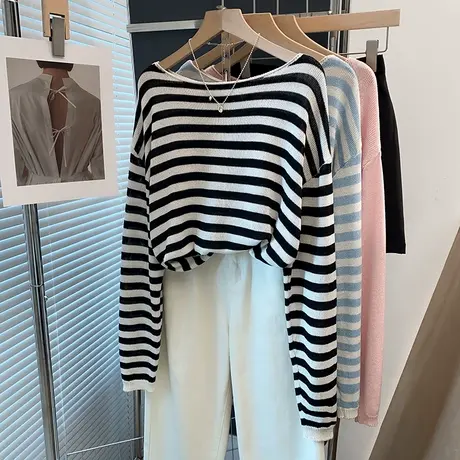 条纹一字领针织衫女2025春夏秋新款宽松慵懒风外穿上衣内搭毛衣潮商品大图