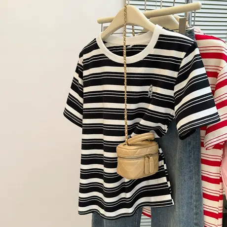 黑白撞色条纹短袖T恤女夏季韩版宽松显瘦百搭卡通刺绣半袖上衣潮商品大图