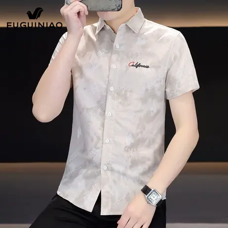 富贵鸟短袖衬衫男士夏季2025新款潮流印花上衣服休闲刺绣衬衣男装图片