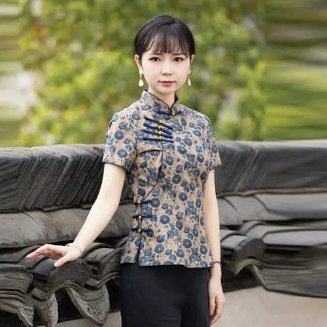 筠雅改良唐装上衣女中国风夏季短袖复古年轻款中式盘扣上衣茶服图片