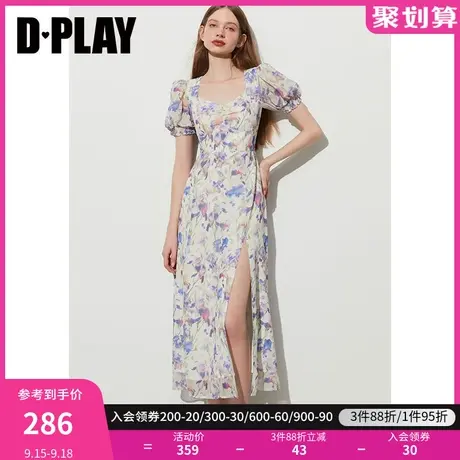 DPLAY2023夏法式度假温柔紫调梦幻花园收腰印花茶歇裙气质长裙图片