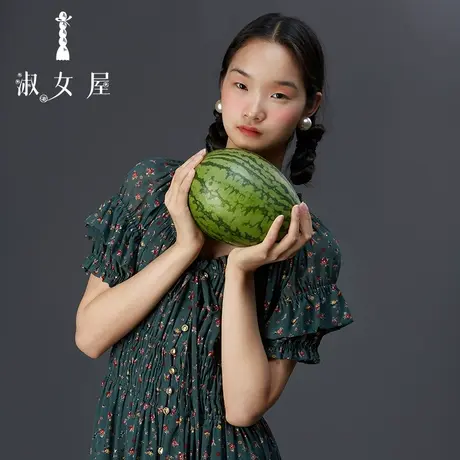 淑女屋官方旗舰店2022夏新品雪纺公主系列孔雀绿小花西西里连衣裙图片