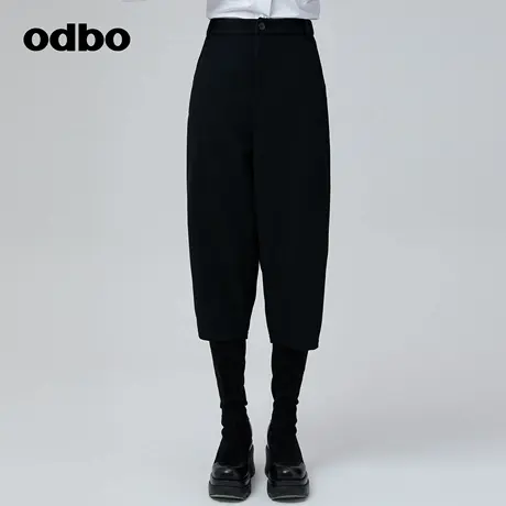 odbo/欧迪比欧原创设计黑色高腰羊绒保暖休闲七分裤秋冬女哈伦裤图片