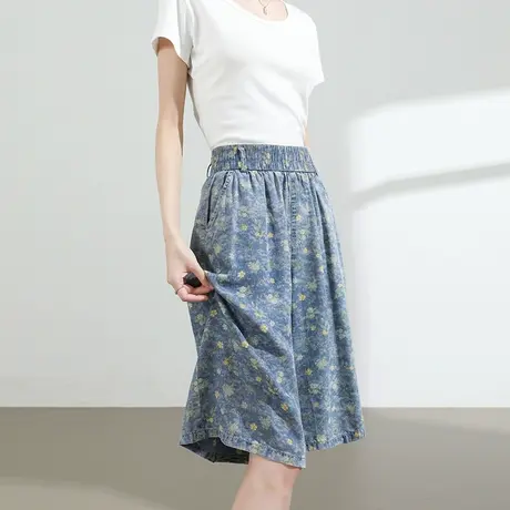 100%莱赛尔天丝碎花牛仔五六分短裤女夏季薄高腰宽松大码阔腿中裤商品大图